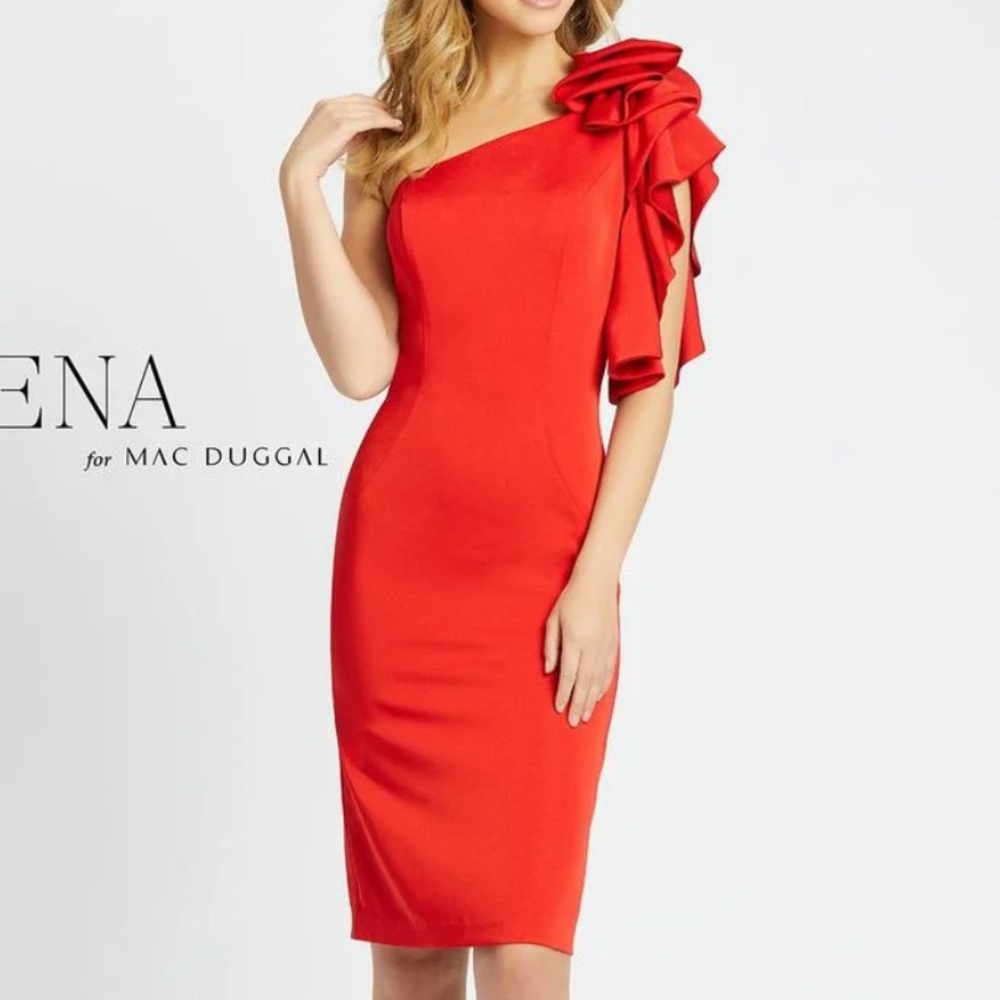 Mac Duggal one shoulder midi short red dress (prom dress, homecoming, pageant)